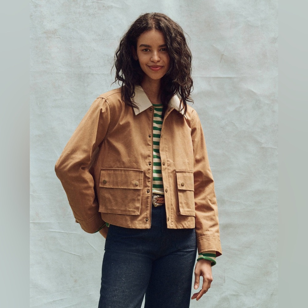 THE GREAT. Brown Utility Jacket with Cream Collar